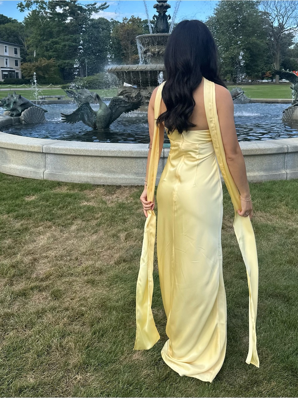 Butter Yellow Satin Evening Gown with Scarf - Madeleine Strapless Maxi Dress